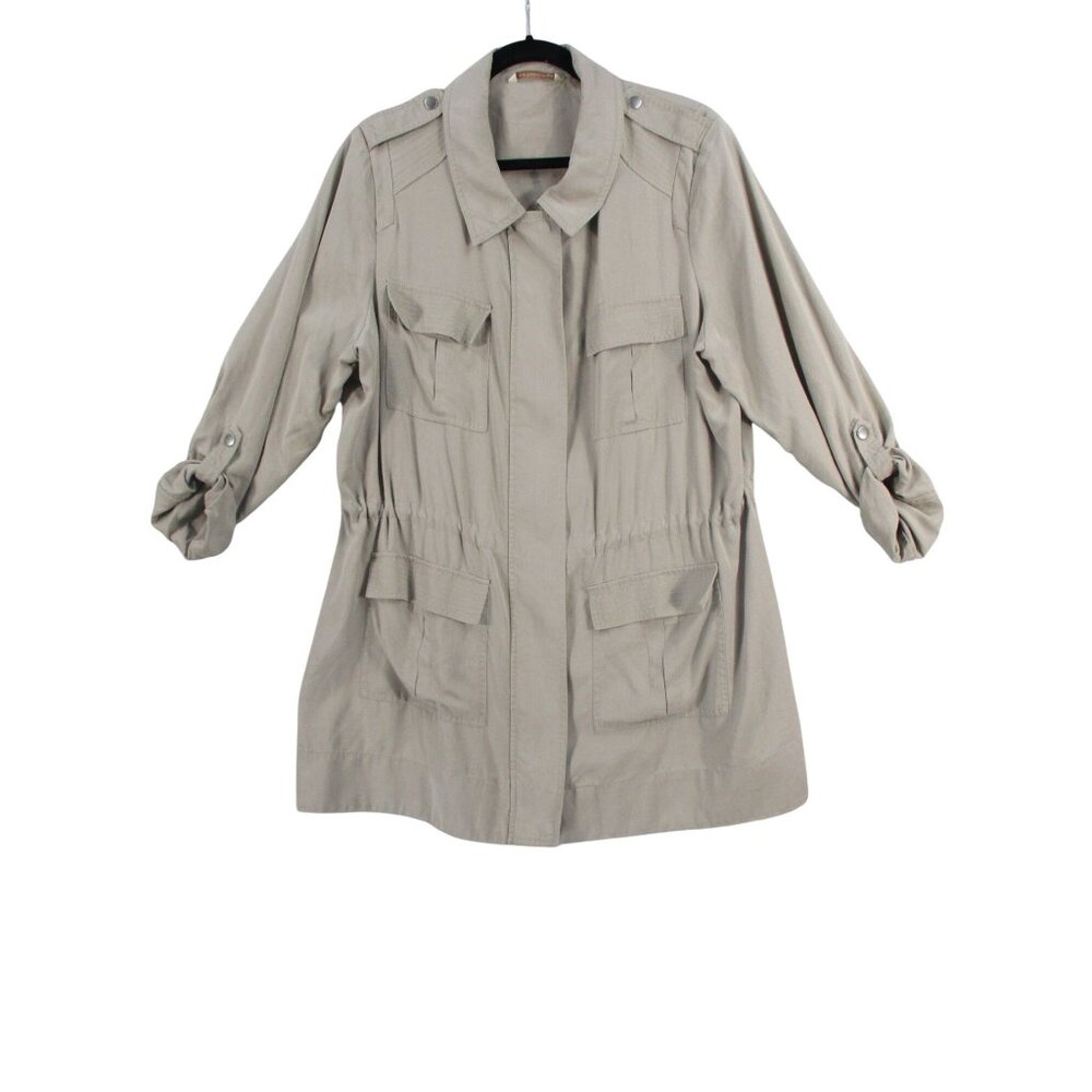 Soft Surroundings Womens Beige Utility Jacket 1X With Pockets & Roll-Tab Sleeves